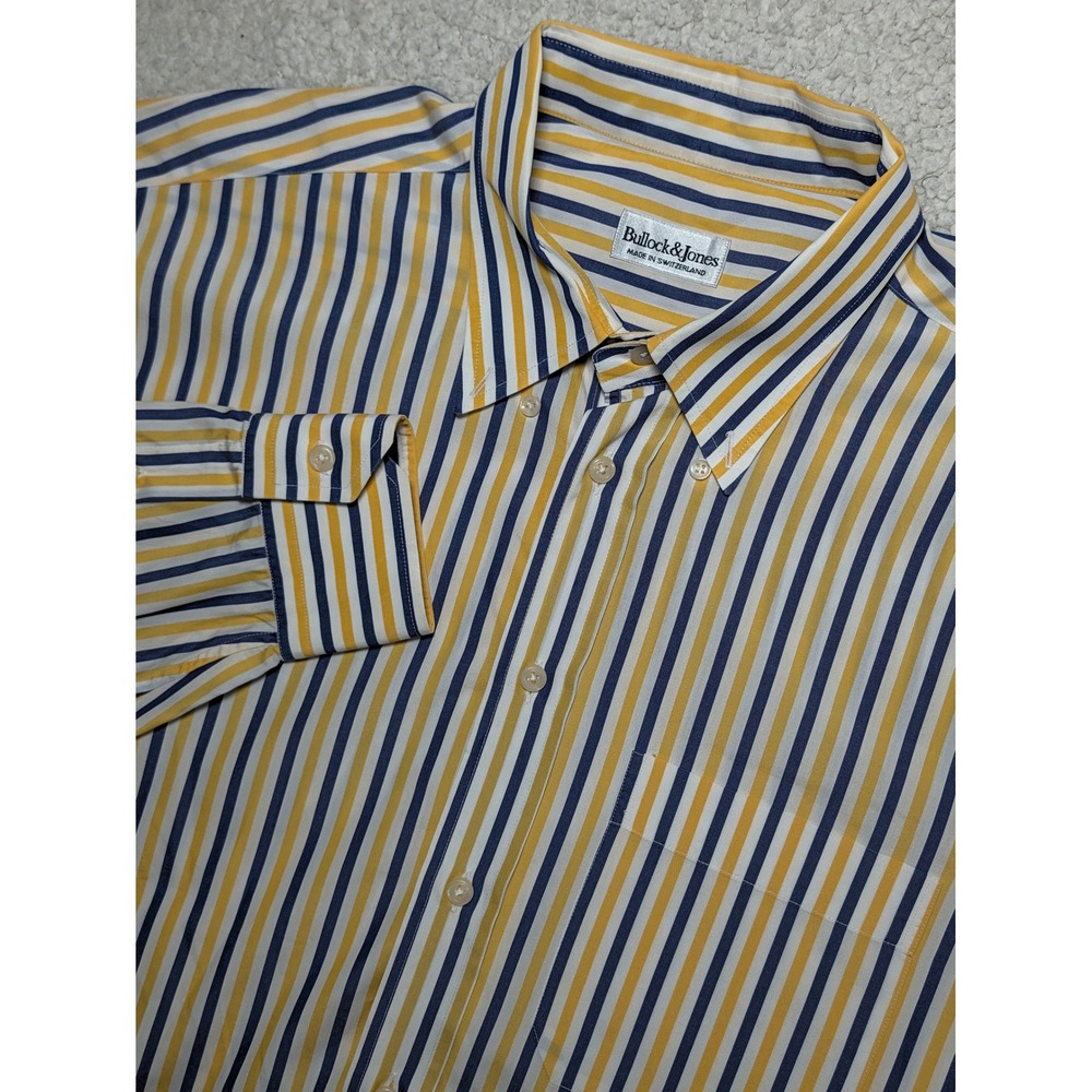 Bullock & Jones Mens XXL Striped Button Down Shirt Cotton Blue Yellow Swiss Made